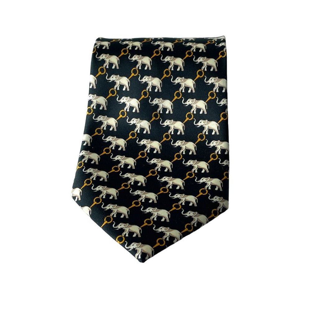 Rene Chagal Black Elephant Print Hand‎ Made 100% Silk Neck Tie Novelty Neckwear